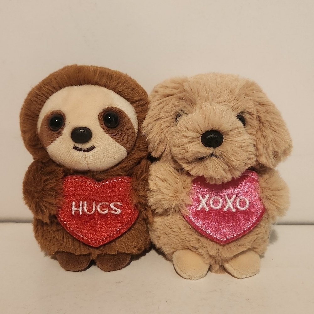 2 5” Valentine’s Day Themed Dog and Sloth Mini Plush Stuffed Animal